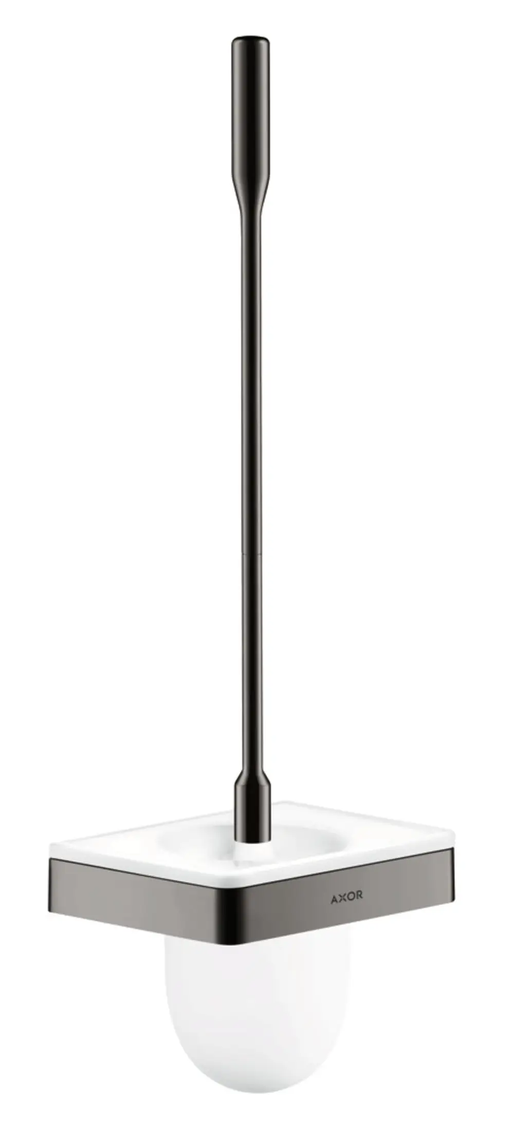 Toilettenbürstenhalter mit Wandmontage in Schwarz-Chrom-Finish von AXOR. Quadratische Halterung mit integriertem Behälter für die Bürste, schlichtes Design.